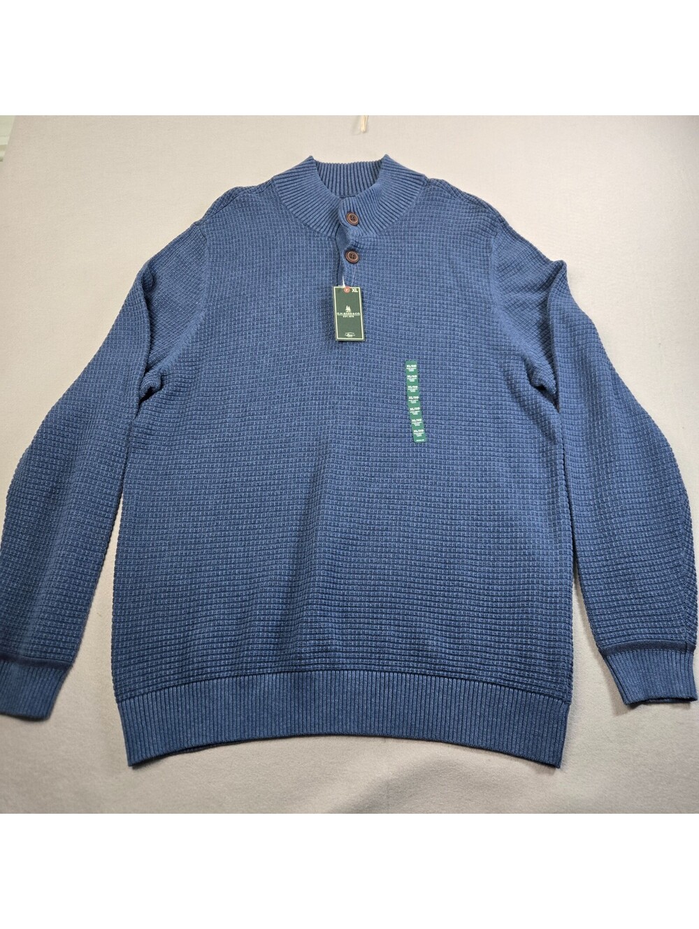 G.H. Bass Mens XL Waffle Knit Pullover Sweater Button Mock Neck Blue Cotton NWT